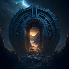 Metal portal to another mountain world