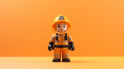 a 3D character of a firefighter dressed in full gear, on a pastel orange backdrop. copy space. generative AI