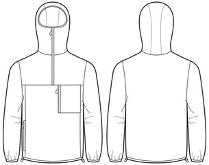 Mid layer fleece Hoodie jacket design flat sketch Illustration, popover Hooded jacket with front and back view, Anorak winter jacket for Men and women. for hiker, outerwear and workout in winter - obrazy, fototapety, plakaty