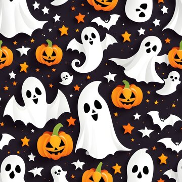 Halloween seamless pattern with ghosts and pumpkins