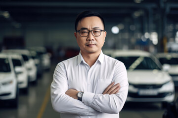 Asian mananger in a modern factory hall for cars