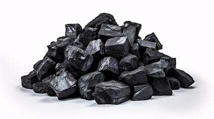 Pile of black coal situated on a plain background.