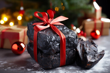 Charcoal tied with red ribbon as a Christmas gift, gift for naughty children and adults. A joke or a prank. - obrazy, fototapety, plakaty