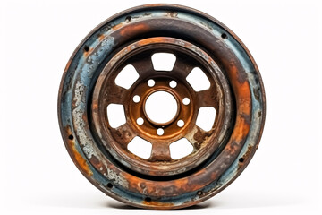 Lonesome, dilapidated wheel rim of automobile on brilliant white backdrop, exhibiting exceptional clarity.