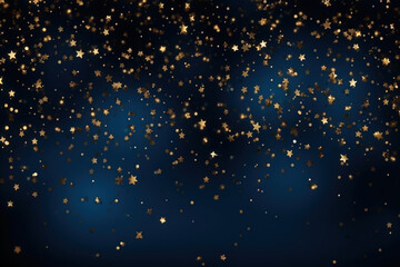 Christmas star shape glittering background. Gold stars on blue abstract background on New Year's Eve