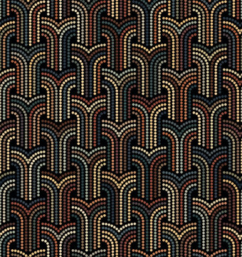 Seamless abstract geometric pattern with interlaced lines of small multicolored circles. Brown, yellow, and green dotted stripes on a black background. Ethnic dot art. Vector striped illustration.