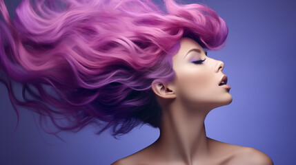 A professional-colored beautiful woman with fluttering, bright hued tresses of various shades of purple poses seductively.