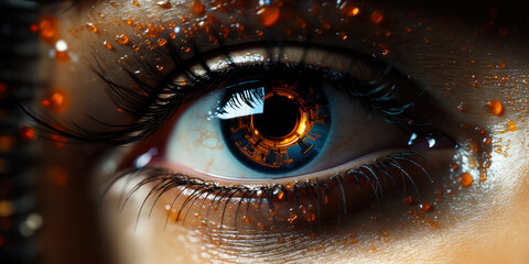 Obraz na płótnie Canvas Close up of a sci-fi cyborg eye. Futuristic human eye technology - digital iris