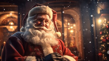 Magical Christmas background with Santa Claus. Winter fairytale style. Holiday celebration concept.