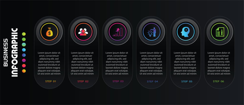 six steps infographics design vector can be used for presentations, banner, flow chart, info graph, diagram, annual report, web design. Business concept with 6 options, steps or processes