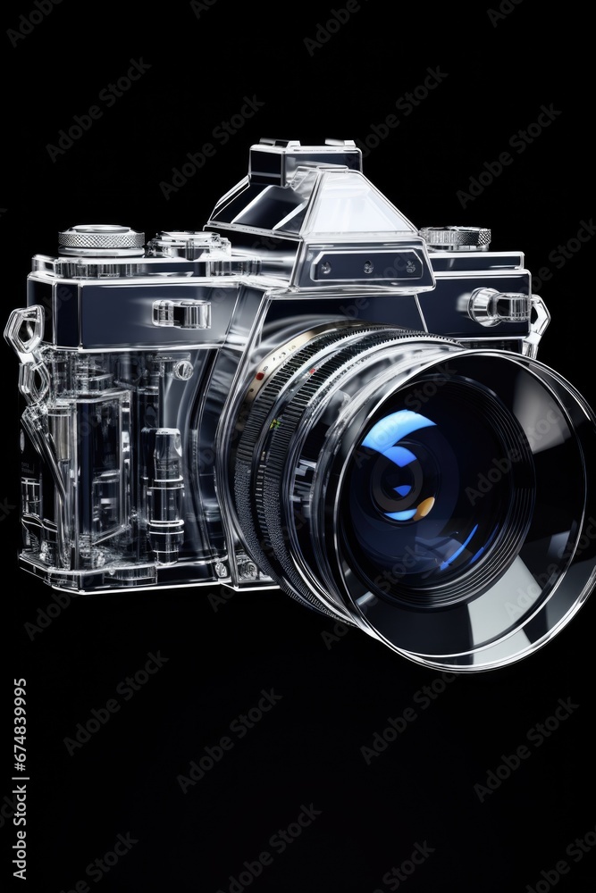 Poster A clear camera is depicted on a black background. This image can be used for various purposes.