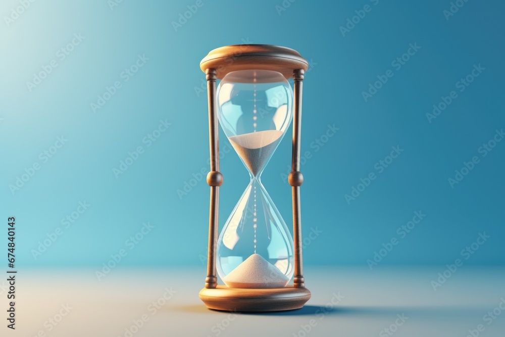 Aufkleber an hourglass on a table with a blue background. can be used to symbolize the passage of time or to r