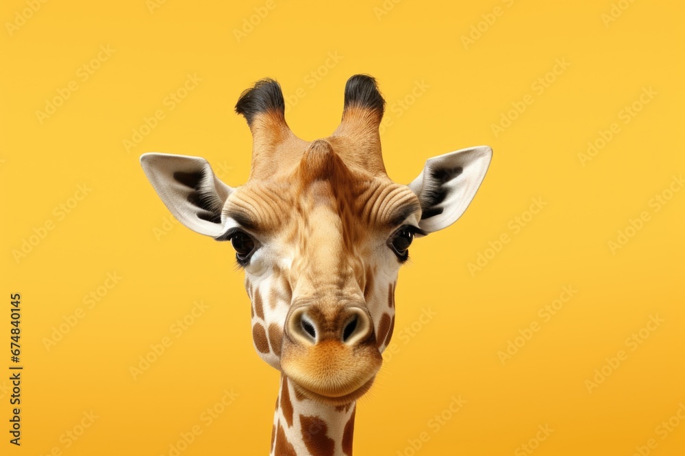 Aufkleber A detailed view of a giraffe's face against a vibrant yellow background. This image can be used to depict the unique features of a giraffe or to add a pop of color to any design.