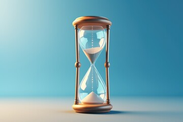 An hourglass on a table with a blue background. Can be used to symbolize the passage of time or to represent the concept of deadlines.