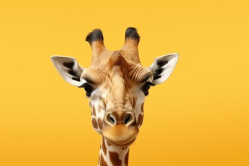 A detailed view of a giraffe's face against a vibrant yellow background. This image can be used to depict the unique features of a giraffe or to add a pop of color to any design.