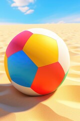 A vibrant beach ball is placed on a sandy beach. This image can be used to depict a fun-filled day at the beach or to showcase summer activities.