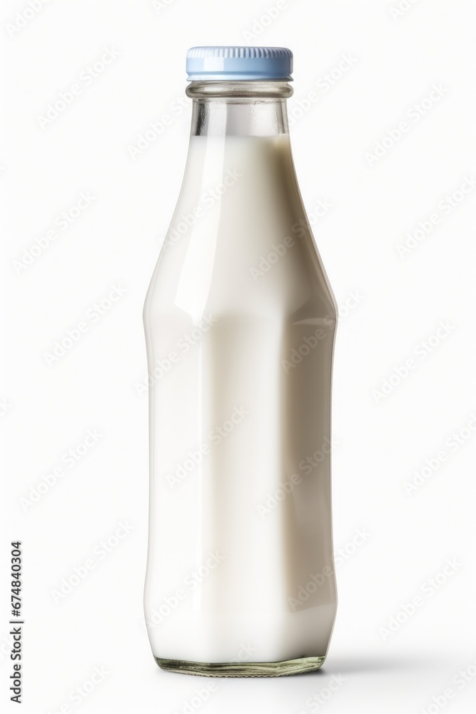 Poster a bottle of milk placed on a clean white surface. suitable for food and beverage related projects.