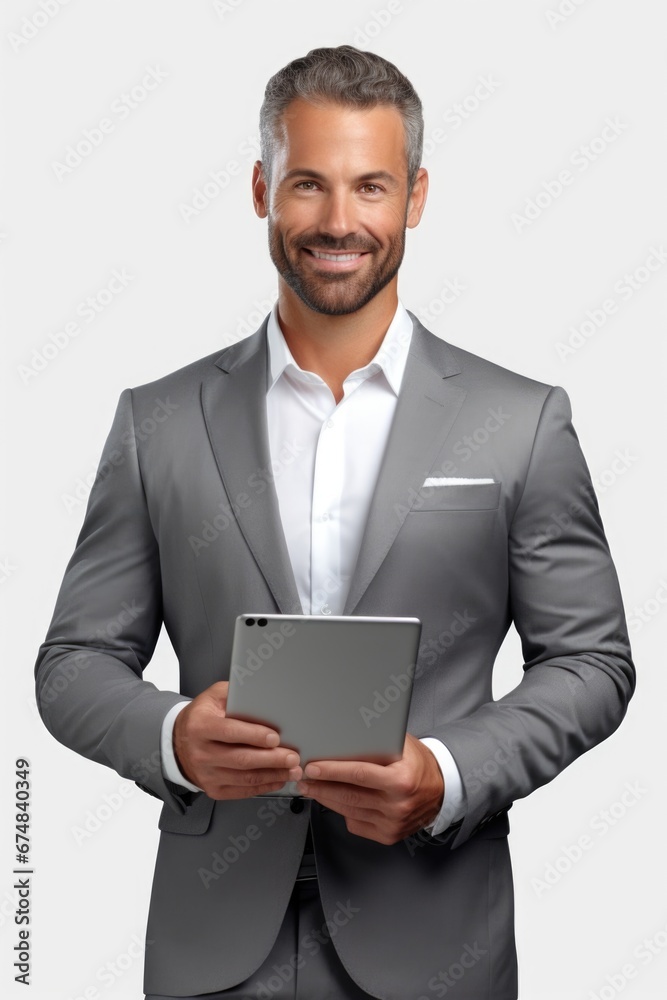 Poster a professional man in a suit holding a tablet computer. suitable for business and technology-related