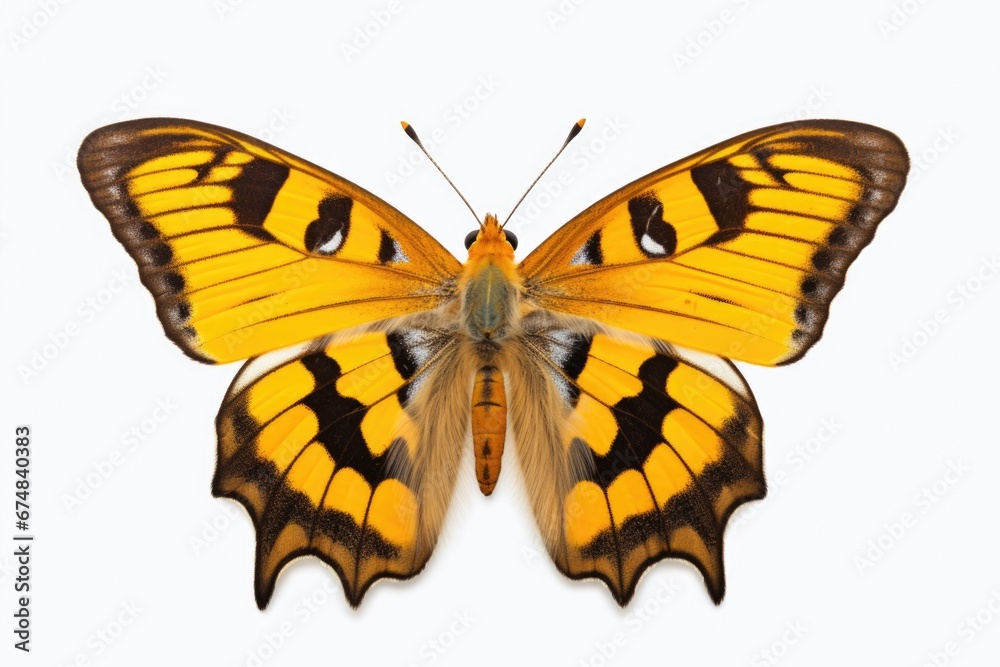 Poster A vibrant yellow and black butterfly captured on a clean white background. Perfect for nature enthusiasts and educational materials about butterflies.