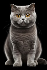 A gray cat with yellow eyes sitting on a black surface. This picture can be used to depict a domestic cat or as a background image for pet-related content.