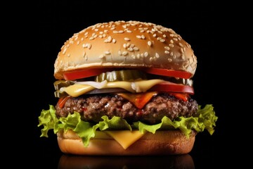 A delicious hamburger with melted cheese, fresh lettuce, juicy tomato, and tangy pickles. Perfect for any meal or snack.
