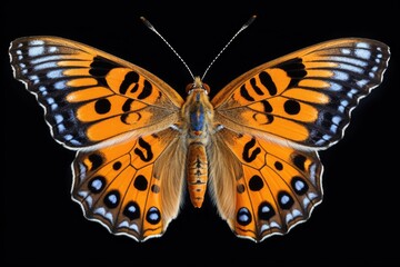 Fototapeta premium A close-up photograph of a vibrant butterfly against a black background. Perfect for nature enthusiasts and those looking to add a touch of beauty to their designs.
