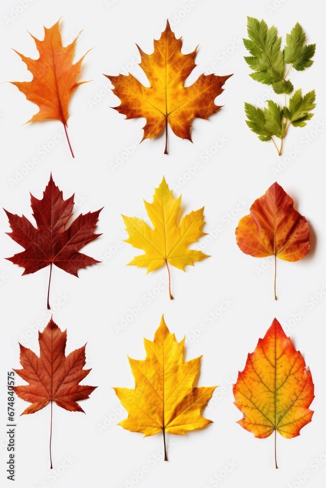 Poster A collection of various colored leaves arranged on a white surface. This image can be used to add a touch of nature and autumn vibes to any design.