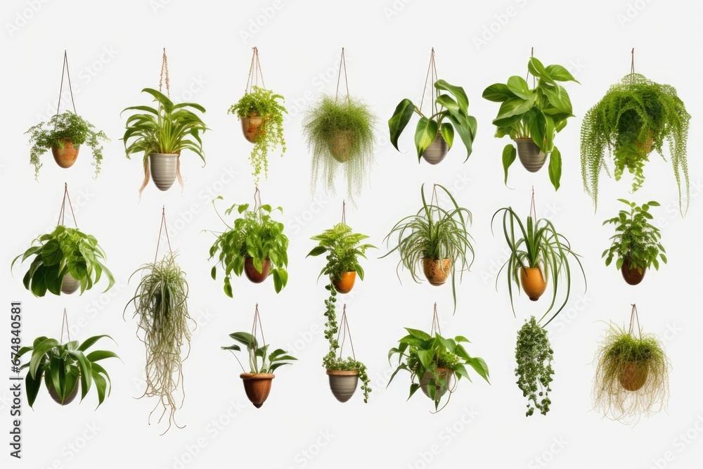 Poster A collection of various plants hanging on a wall. This image can be used to add a touch of greenery and nature to any indoor or outdoor setting.