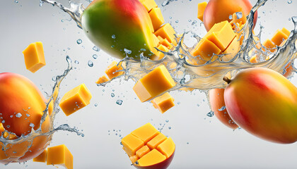 Beautiful close-up view of flying mango fruit and slices floating on water