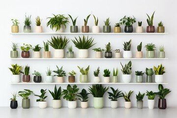 A white shelf displaying a variety of potted plants. This image can be used to showcase indoor gardening, home decor, or green living. - Powered by Adobe