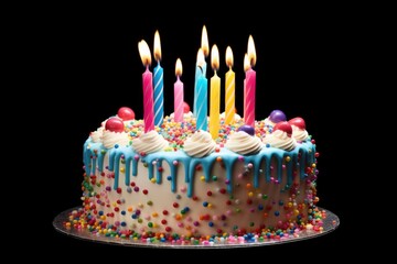 A delicious birthday cake with colorful candles and sprinkles. Perfect for celebrating birthdays and special occasions.