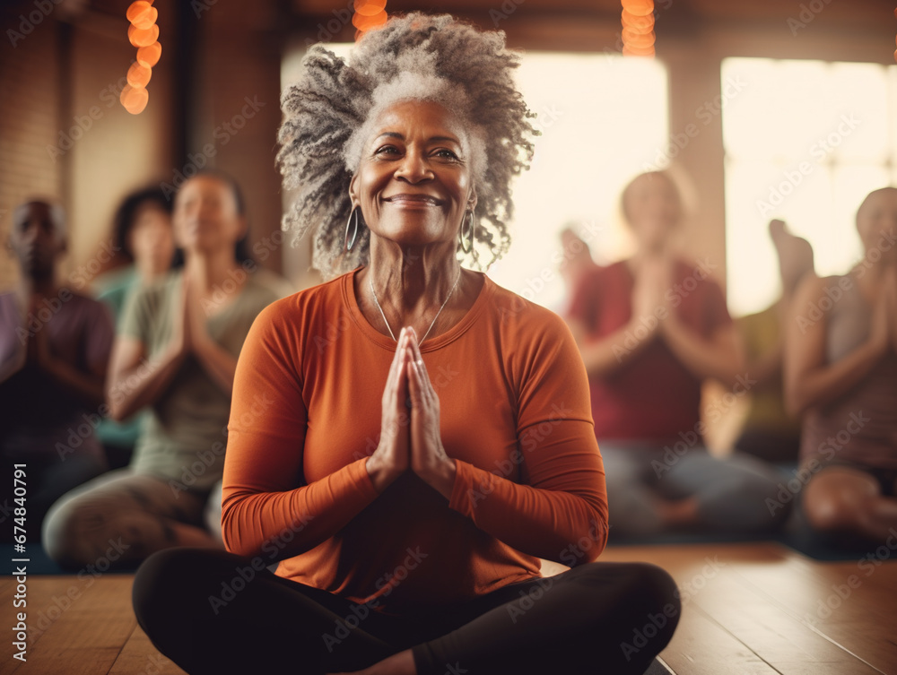 Wall mural Smiling senior black woman doing yoga at gym