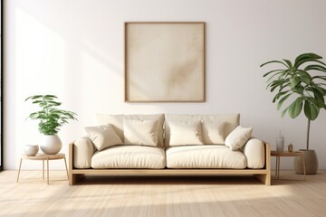 Fototapeta na wymiar A simple and cozy living room featuring a comfortable couch and a vibrant potted plant. Ideal for home decor and interior design concepts.