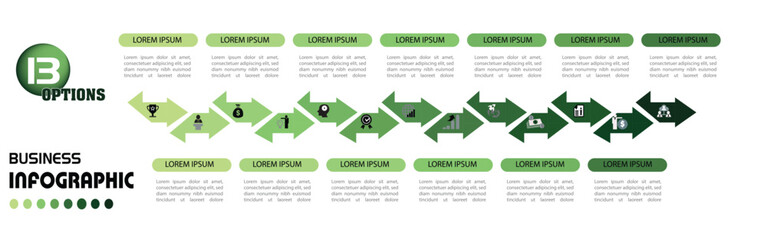 13 steps infographics design vector can be used for presentations, banner, flow chart, info graph, diagram, annual report, web design. Business concept with 13 options, steps or processes