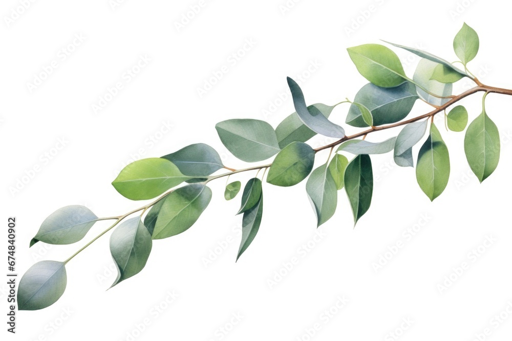 Poster A picture of a branch with vibrant green leaves against a clean white background. Suitable for use in various design projects.
