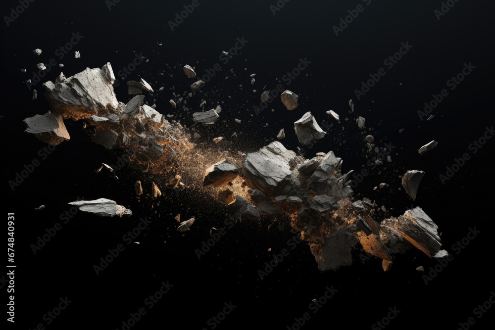 Poster A powerful image capturing a bunch of rocks exploding into the air. Perfect for adding a dynamic touch to your projects or illustrating the concept of force and energy.