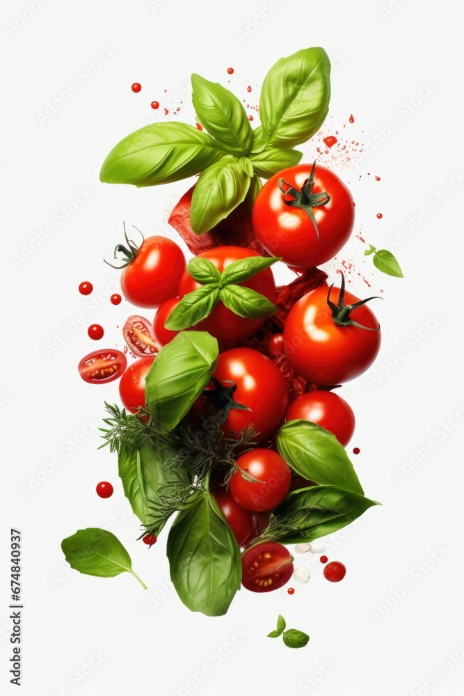 Poster a vibrant bunch of ripe tomatoes and fresh basil leaves arranged neatly on a clean white surface. pe