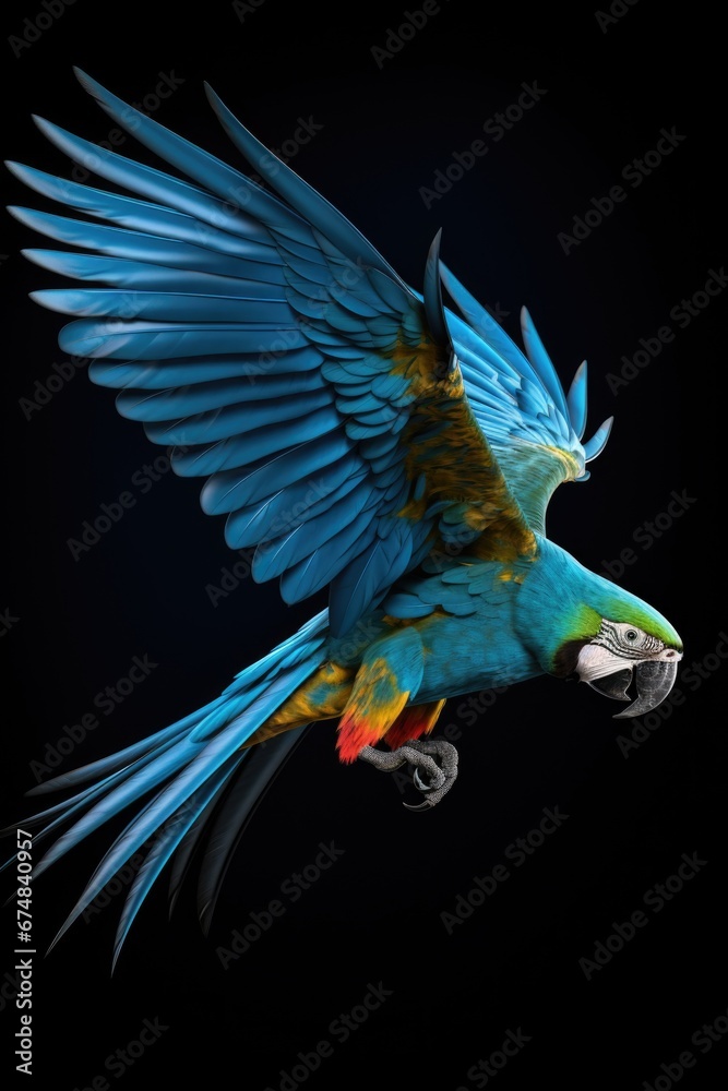 Poster A vibrant blue and yellow parrot soaring through the air. Perfect for adding a splash of color and exotic flair to any project or design.