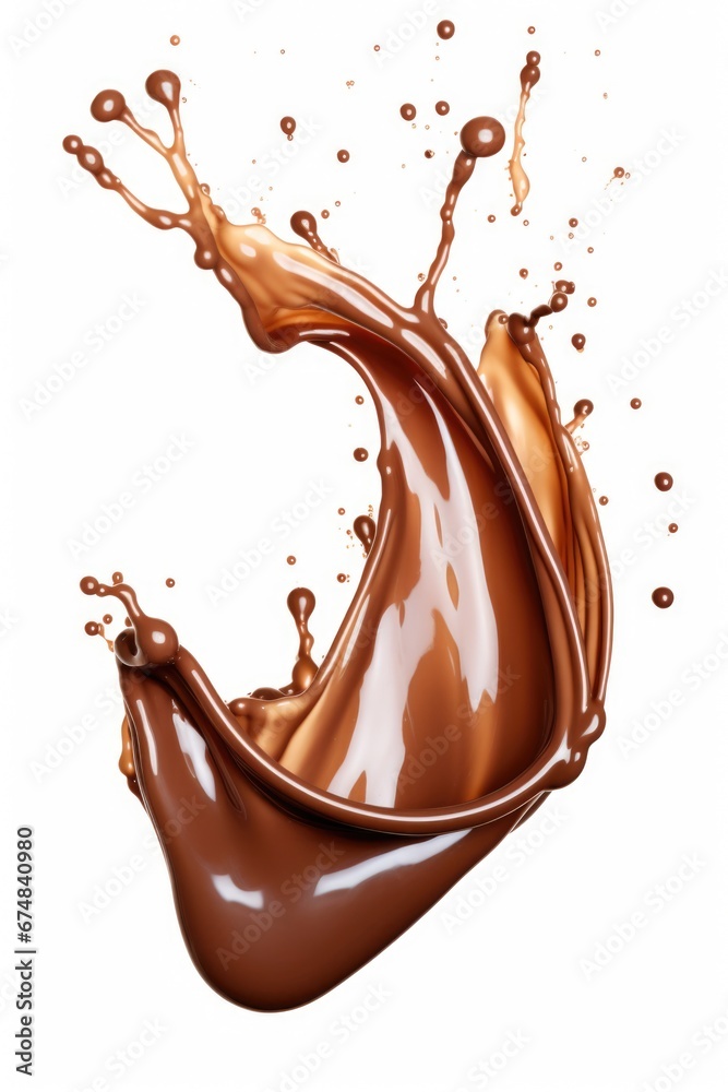 Poster a visually striking image of a chocolate splash on a clean white background. perfect for food-relate