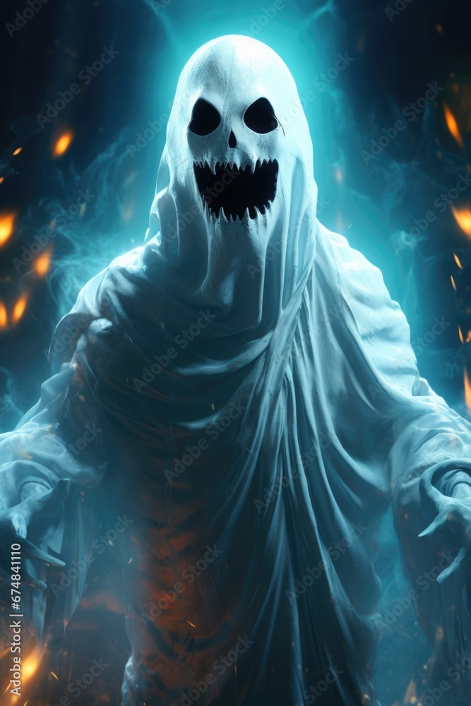 Poster a picture of a scary looking ghost with a glowing face. can be used to create a spooky atmosphere or