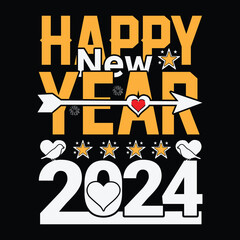 Happy new year 2024. Typography text, Star And Heart shape vector Design for Greeting Card template.