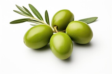 Obraz premium A bunch of green olives with leaves on a white background. Perfect for food and culinary-related designs.