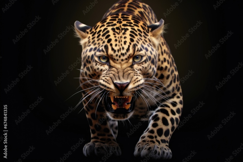 Poster a leopard is walking in the dark with its mouth open. this image can be used to depict wildlife, pre