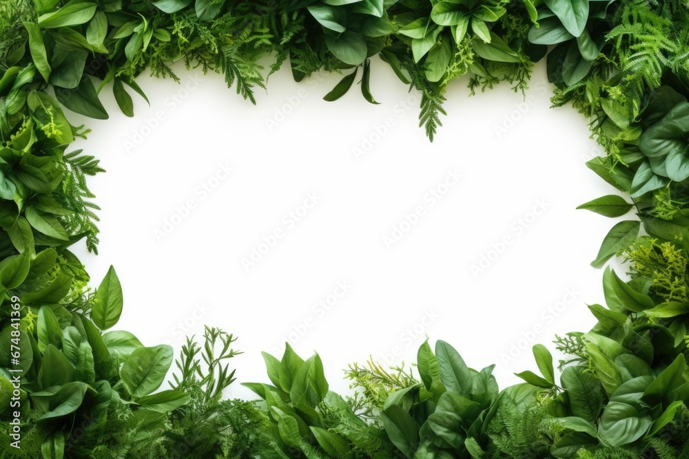 Poster a frame made of green leaves on a white background. perfect for nature-themed designs or adding a to