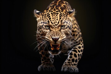 A leopard is walking in the dark with its mouth open. This image can be used to depict wildlife, predators, or the beauty of nature