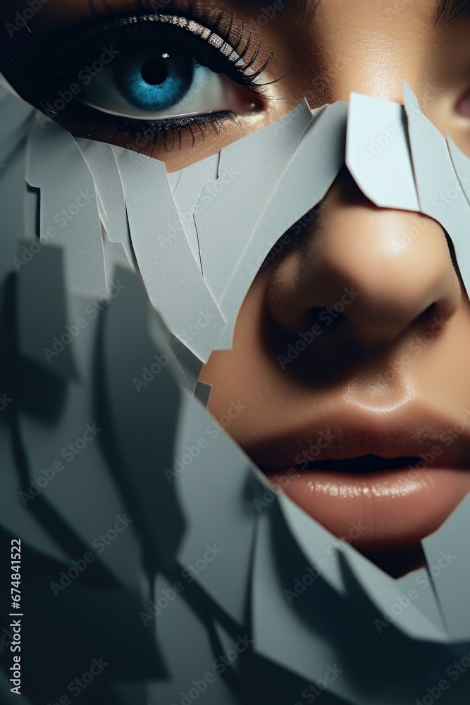 Aufkleber A close-up view of a woman's face with torn paper. This image can be used to depict emotions, inner struggles, or as a metaphor for personal growth and transformation
