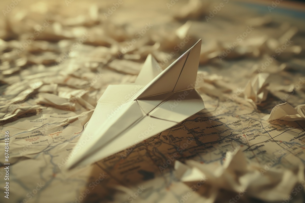 Poster A paper airplane is pictured sitting on top of a map. This versatile image can be used to symbolize travel, adventure, exploration, or planning a journey