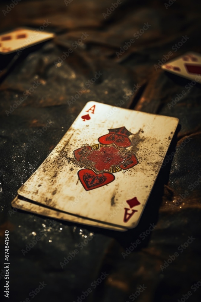 Poster A detailed close-up view of a playing card placed on a table. This image can be used for various purposes, such as illustrating gambling, card games, or even concepts related to luck and chance