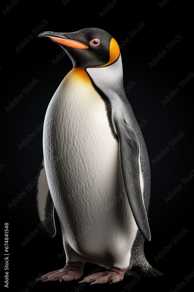 Poster a penguin standing in the dark against a black background. suitable for various uses