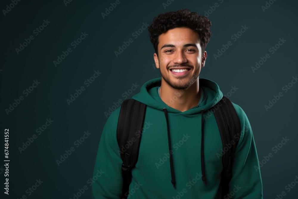 Poster a man wearing a green hoodie and carrying a black backpack. this versatile image can be used in vari